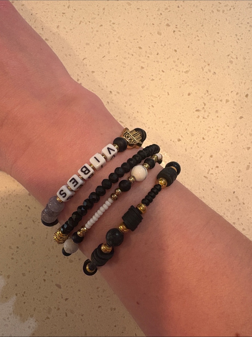 Good Vibes 4-Piece Stack Black and White Handmade Beaded Bracelets
